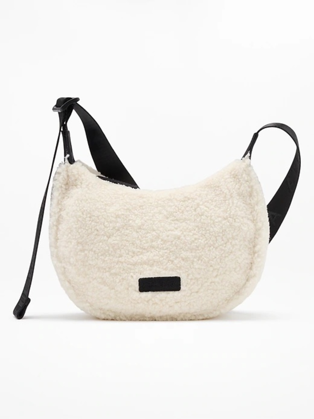 Athleta Cream Shearling Crescent Crossbody Bag with Black Strap